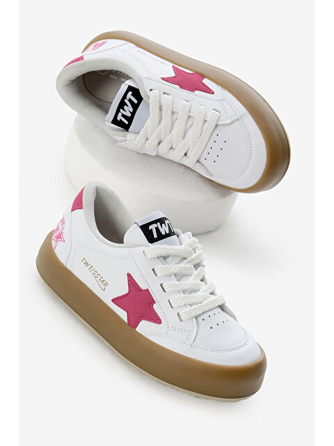 TONNY BLACK Çocuk Unisex Beyaz Fuşya Termo Taban Yıldız Detaylı Bağcıklı ve Cırtlı Spor Ayakkabı - S000493826-37226