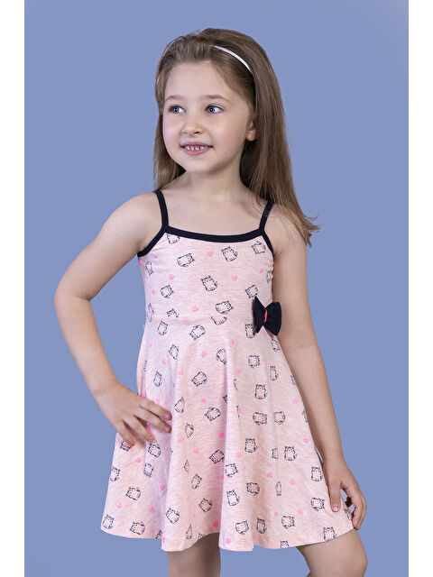 Toontoykids Kız Çocuk Kedi Desenli Fiyonk Detaylı Volanlı Elbise - S000376314-20024