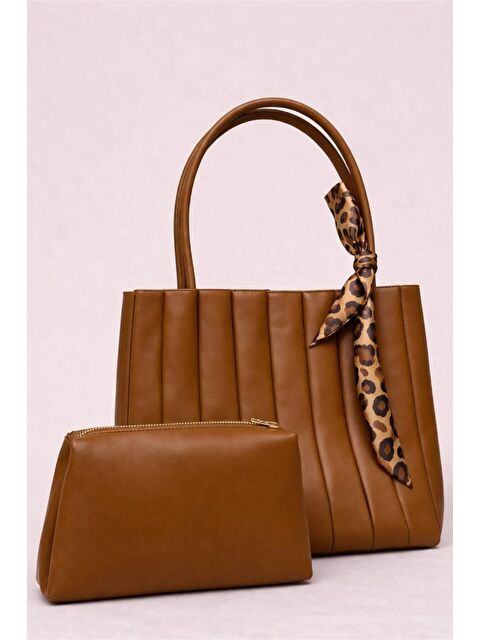 My Kids Wear Kadın Piliseli Omuz Çantası ve Cüzdan Seti - Desenli Eşarp Detaylı El ve Kol Çantası 12678