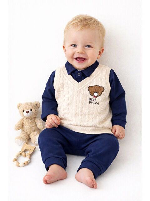 Verona Tarz Erkek Bebek 2’li Takım Triko Süveter Detaylı Ayıcıklı Uzun Kollu Alt Üst Set - S000502780-19459