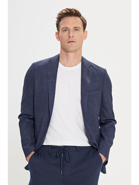 Altınyıldız Classics Erkek Lacivert Slim Fit Dar Kesim Mono Yaka Armürlü Ceket
