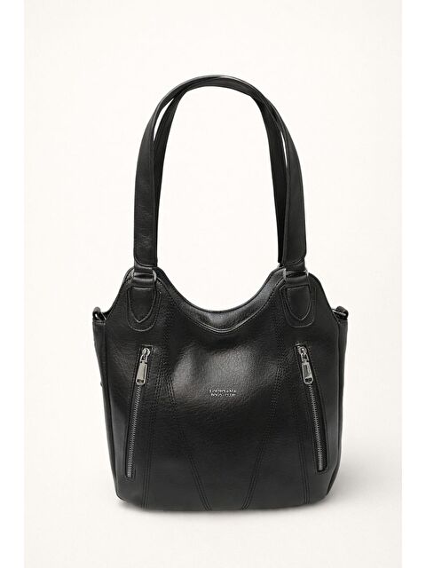 My Kids Wear Kadın Siyah Çift Fermuar Detaylı Geniş Hacimli Omuz Çantası 12649