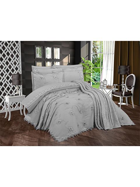 Çeyiz Diyarı Pamukkale Şönil Nakışlı 10 Parça Gelin Seti Gri - S000495091-20600