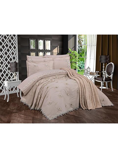 Çeyiz Diyarı Pamukkale Şönil Nakışlı 10 Parça Gelin Seti Bej - S000495095-19928