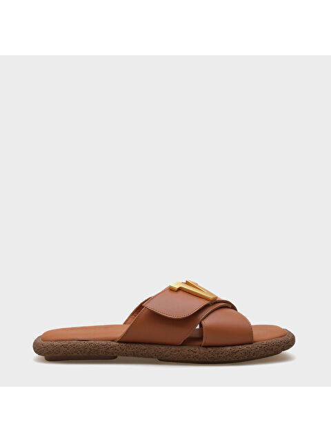 Capone Outfitters Kata Hakiki Deri Çapraz Bantlı V Tokalı Düz Topuklu Konfor Kadın Terlik - S000514260-14955