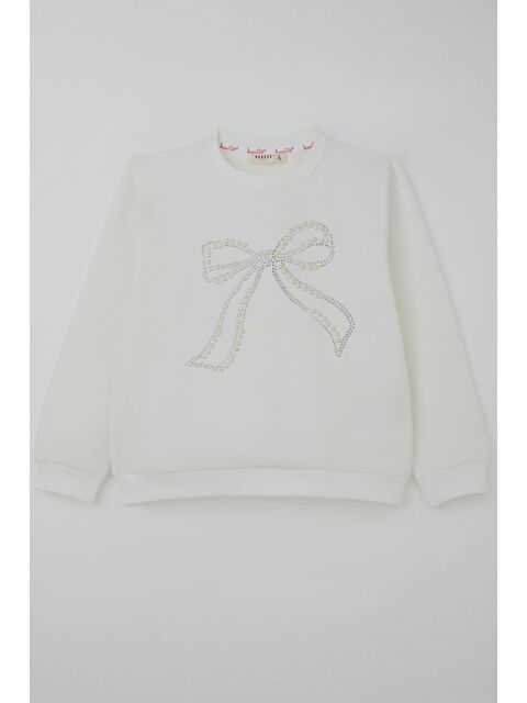 Breeze Kız Çocuk Sweatshirt İnci Taş İşlemeli Ekru (7-12 Yaş)