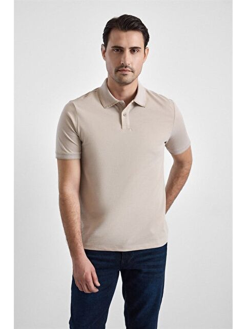 Süvari Bej Regular Düz Baskısız Pike Fermuarlı Polo Yaka Nefes Alabilen Tişört