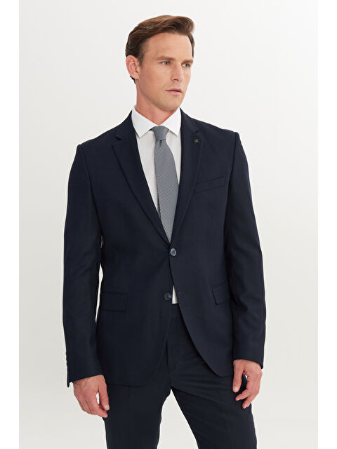 Altınyıldız Classics Erkek Lacivert Slim Fit Dar Kesim Mono Yaka Armürlü Esnek Takım Elbise