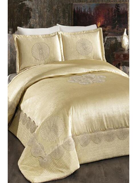 Çeyiz Diyarı Albeno Nakışlı Kadife Çift Kişilik Yatak Örtüsü Cappucino - S000495111-19413