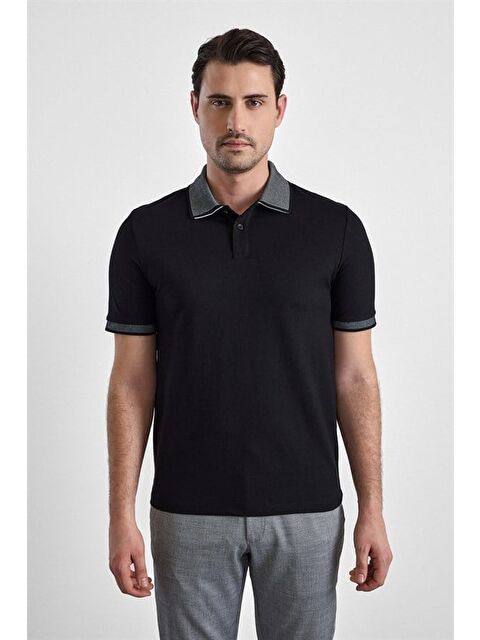 Süvari Siyah Regular Düz Baskısız Pike Fermuarlı Polo Yaka Nefes Alabilen Tişört