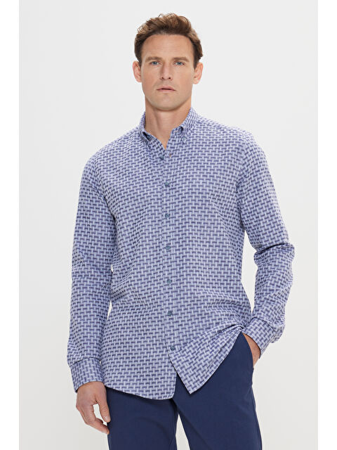 AC&Co / Altınyıldız Classics Erkek Lacivert %100 Pamuk Slim Fit Dar Kesim Düğmeli Yaka Armürlü Gömlek