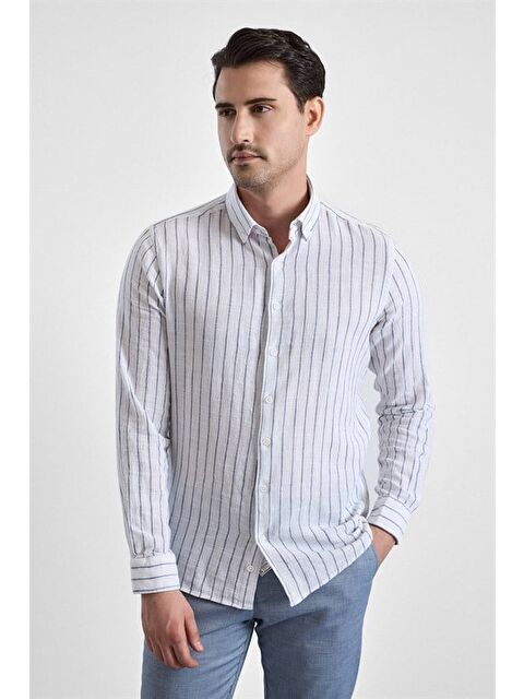 Süvari Lacivert Slim Düğmeli Yaka Düz Düz Kapaksız Cep Düğmeli Uzun Kollu Standart Casual Gömlek