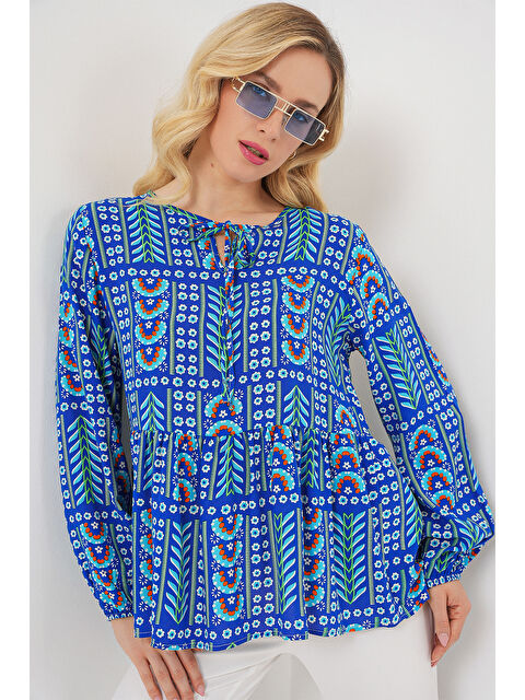 Bigdart Kadın Desenli Uzun Kol Bluz 970 - Saks - S000412572-23710