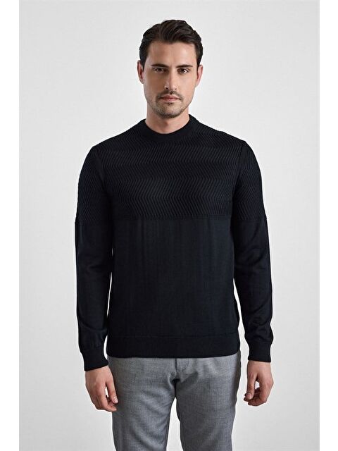 Süvari Siyah Regular Dikey Çizgili Bisiklet Yaka Kazak