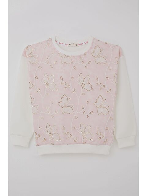 Breeze Kız Çocuk Sweatshirt Pullu Kelebek İşlemeli Tülü Çiçek Detaylı Pembe (8-12 Yaş) - S000527308-20024