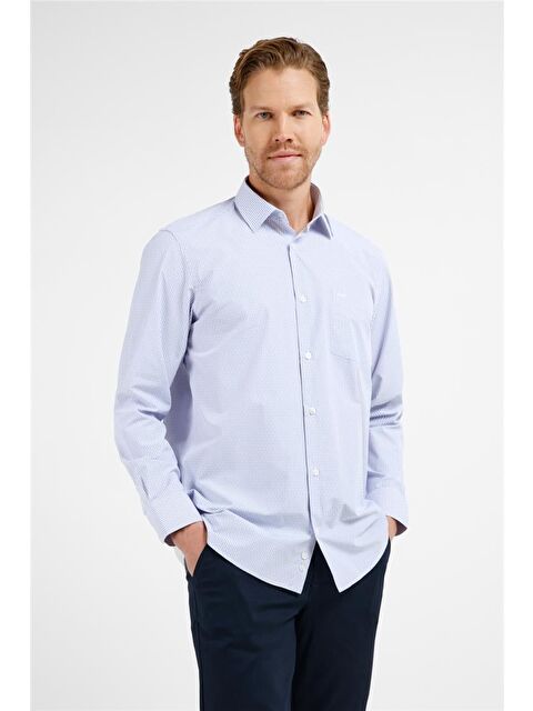 İMZA Mavi - Beyaz Çizgili Desen Sert Yaka Uzun Kol Cepli Comfort Fit Pamuklu Gömlek 1004255210 - S000505527-37368