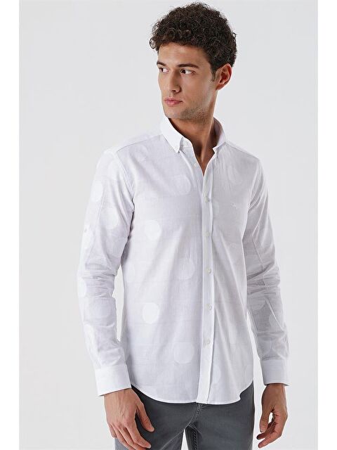 İMZA Beyaz Kısalabilir Kollu Desenli  %100 Pamuk Casual Slim Fit Gömlek 1004230183 - S000348073-20063