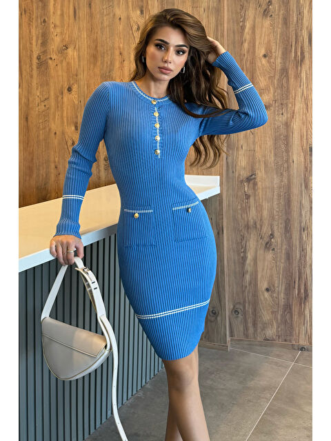 Gülseli Kadın Fitilli Yarım Düğmeli Triko Elbise - S000290730-17234