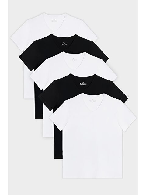 TUDORS Unisex 5'Li Paket Siyah-Beyaz Slim Fit Dar Kesim %100 Pamuk V Yaka Tişört - S000524527-23173