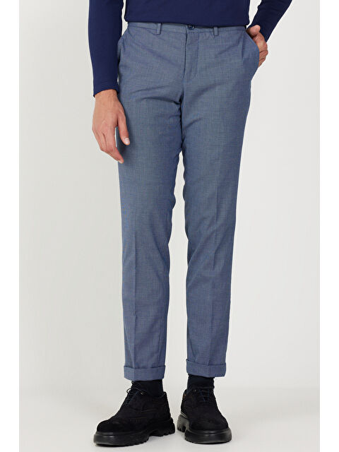 Altınyıldız Classics Erkek Lacivert Slim Fit Dar Kesim Yan Cepli Yünlü Desenli Beli Lastikli Pantolon