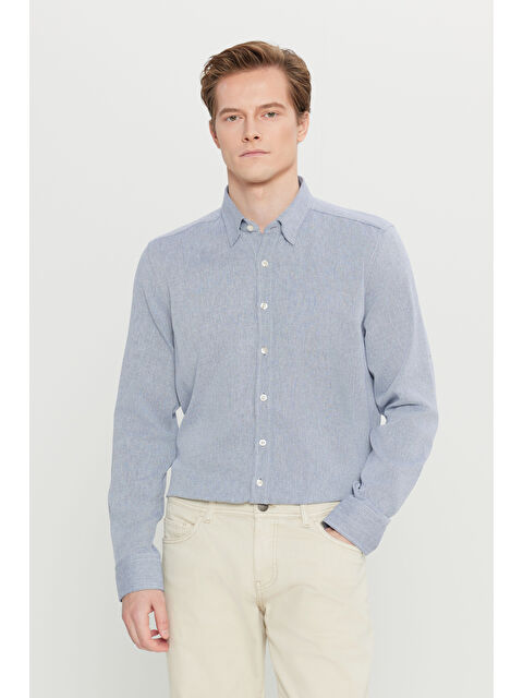 Altınyıldız Classics Erkek Lacivert %100 Pamuklu Tailored Slim Fit Dar Kesim Gizli Düğmeli Yaka Armürlü Gömlek - S000442687-21164