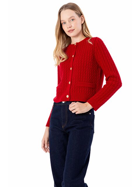 Dexia Breda - Düz ve Düğme Detaylı Triko Hırka  - Kırmızı Renk - S000326625-20045