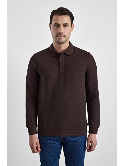 Süvari Koyu Kahve Regular Düz Baskısız Selanik Düğmeli Polo Yaka Torba Cep Trikolu Standart Sweatshirt