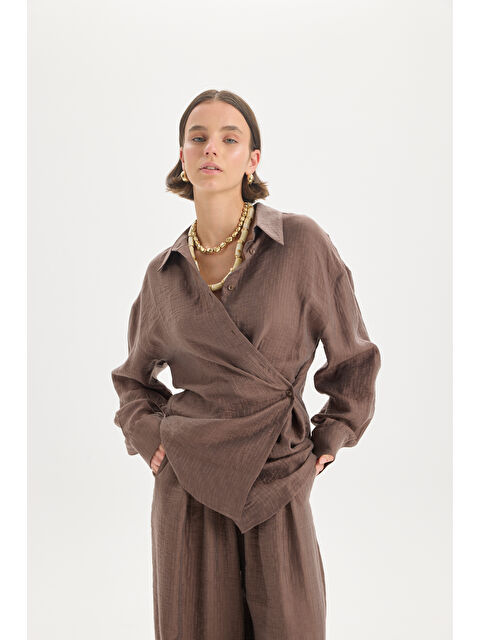 Mai Collection Yovena Düğme Detay Kahve Oversize Gömlek