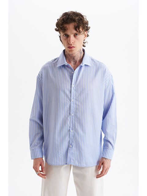 Danger Erkek %100 Pamuklu Çizgili Gömlek Buz Mavisi - S000522430-17234