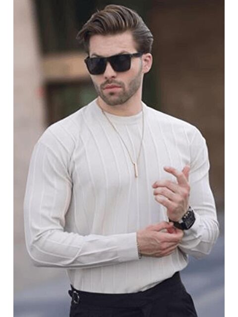 Madmext Bej Bisiklet Yaka Çizgili Uzun Kollu Kazak 7244 - S000256163-19928