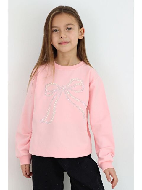 Breeze Kız Çocuk Sweatshirt İnci Taş İşlemeli Pembe (7-12 Yaş)