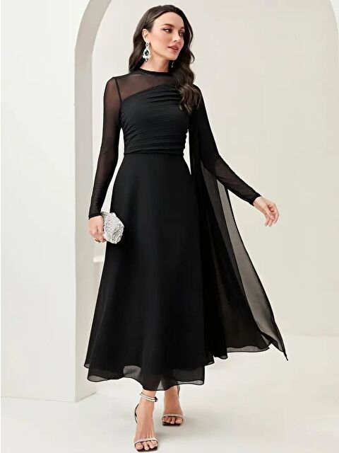 Jane's Kadın Uzun Kollu Yarı Balıkçı Yaka Tül Detaylı Uzun Sandy Elbise