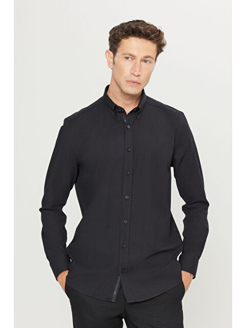 Altınyıldız Classics Erkek Siyah Pamuklu Slim Fit Dar Kesim Düğmeli Yaka Esnek Gabardin Gömlek - S000452981-19351