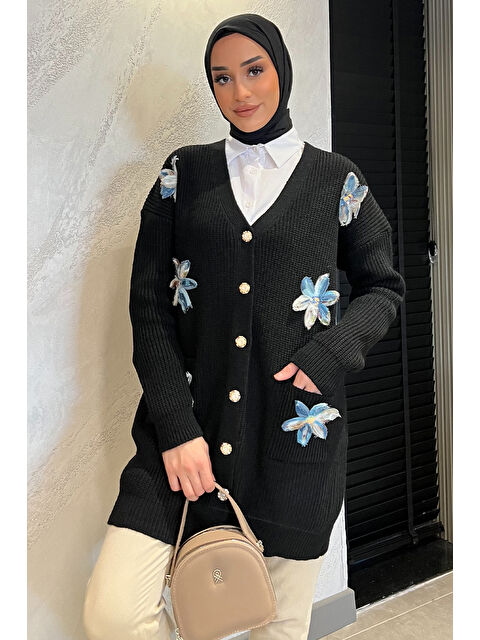 Julude Çiçekli Tesettür Triko Hırka - S000326618-19351