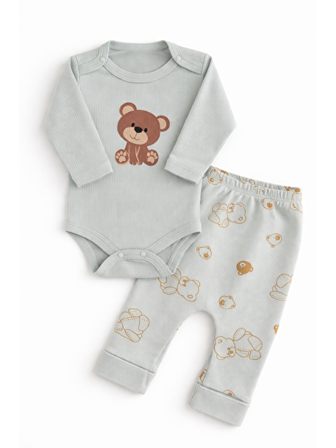 Verona Tarz Erkek Bebek 2li Alt-Üst Takım Ayıcık Desenli Fitilli Pamuk Kumaş