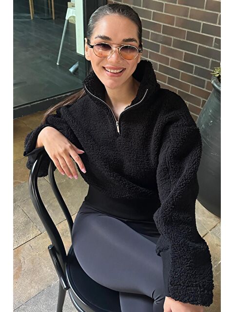 Madmext Siyah Fermuar Yaka Kürklü Kadın Sweatshirt Mg2261 - S000326630-19351