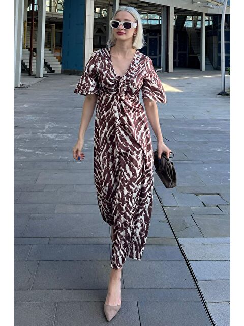 Madmext Kahverengi Desenli V Yaka Önü Büzgülü Elbise Mg2068 - S000197635-19413