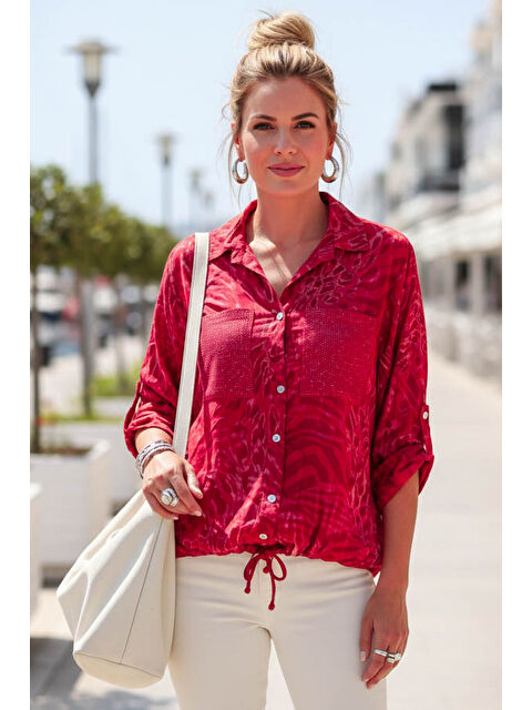 Chiccy İtalyan Mercan Kırmızısı Gömlek Yaka Düğmeli 3/4 Kol Düğmeli Pullu Cepli Viskon Dokuma Gömlek 70 60 - S000508038-19963