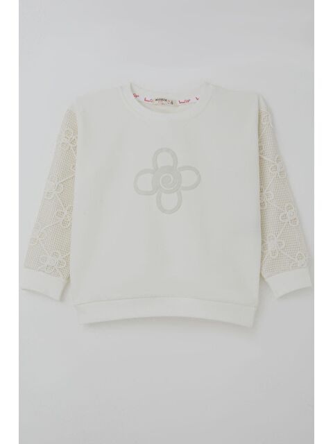 Breeze Kız Çocuk Sweatshirt Kolları Çiçek Aplike İşlemeli File Detaylı Ekru (5-10 Yaş) - S000527311-19965
