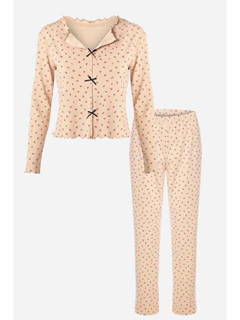 Koza İç Giyim Kadın Kaşkorse Pembe Baby Overloklu Fiyonk Detaylı Uzun Kollu Pijama Takımı - S000266390-29738