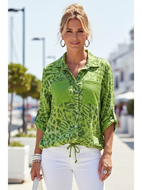 Chiccy İtalyan Fıstık Yeşili Gömlek Yaka Düğmeli 3/4 Kol Desenli Düğmeli Pullu Cepli Dokuma Gömlek 70 60 - S000508038-19972