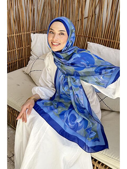 Lamelif Çiçek Desen Pamuk Şal Saks Mavisi
