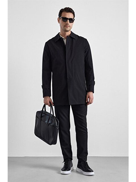 Süvari Siyah Slim Bebe Yaka Düz Yan Cepli Düğmeli Dolgusuz Standart Mont