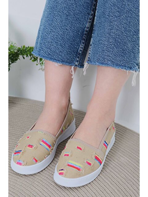 Tofisa Kadın Bej Kare Renk Detaylı Babet - 27078 - S000390045-19928