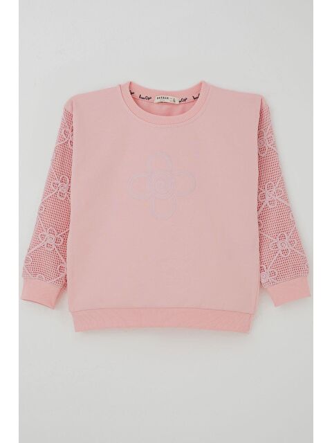 Breeze Kız Çocuk Sweatshirt Kolları Çiçek Aplike İşlemeli File Detaylı Pembe (5-10 Yaş) - S000527311-20024