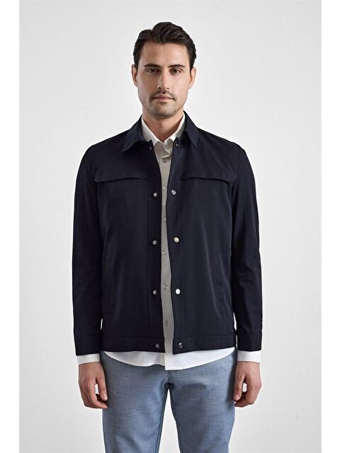 Süvari Lacivert Slim Bebe Yaka Düz Yan Cepli Çıtçıtlı Dolgusuz Mont Ceket