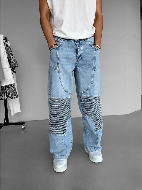 Abluka Online Erkek Super Baggy Fit Önü Desenli Jean Pantolon Buz Mavi - S000240512-17234