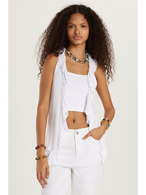 TUDORS Kadın Slim Fit Dar Kesim Sıfır Kollu V Yaka Beyaz Hırka - S000521816-20063