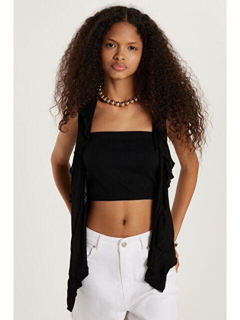 TUDORS Kadın Slim Fit Dar Kesim Sıfır Kollu V Yaka Siyah Hırka - S000521817-19351