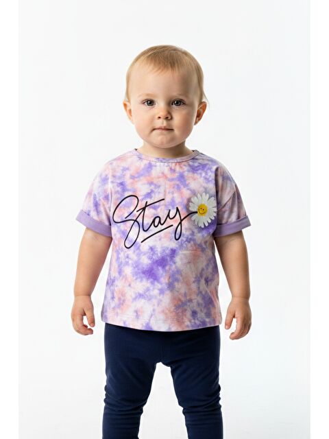 Toontoykids Kız Çocuk Bisiklet Yaka Kol Ucu Katlamalı Kısa Kollu Batik Desenli Baskılı Tişört 11248